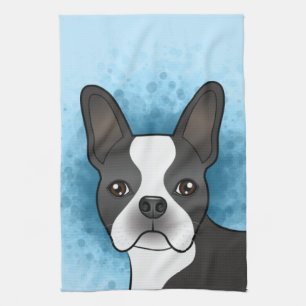 Black Boston Terrier Cartoon Dog Kopf auf blau Geschirrtuch