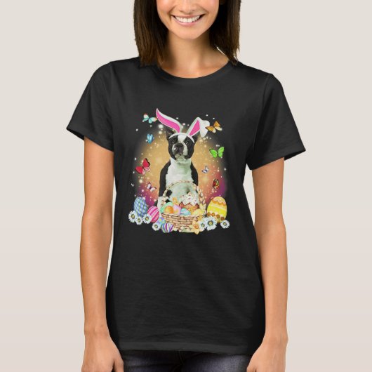 Black Boston Terrier Dog Bunny Easter Eggs Basket T-Shirt (Vorderseite)