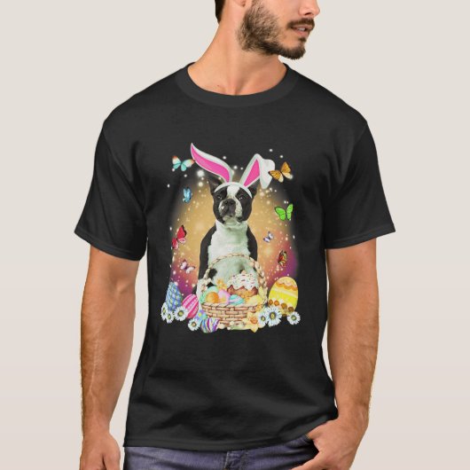 Black Boston Terrier Dog Bunny Easter Eggs Basket  T-Shirt (Vorderseite)