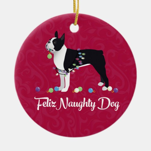 Black Boston Terrier Feliz Naughty Dog Design Keramik Ornament (Vorne)