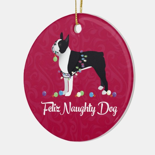 Black Boston Terrier Feliz Naughty Dog Design Keramik Ornament (Links)