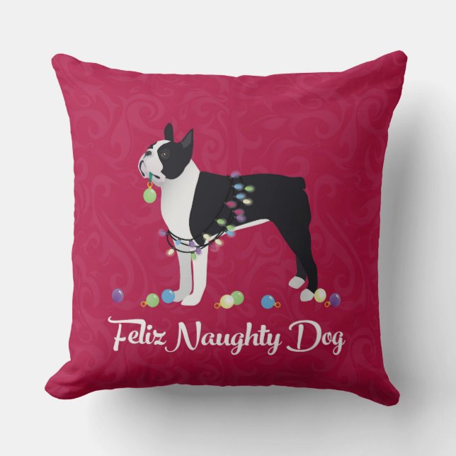 Black Boston Terrier Feliz Naughty Dog Design Kissen (Vorderseite)