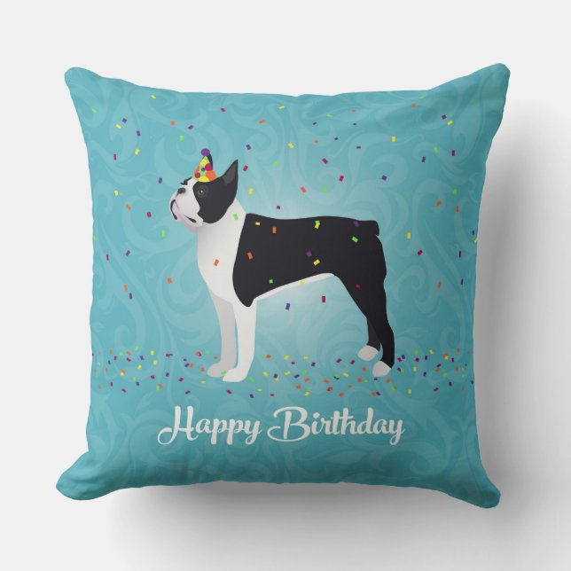 Black Boston Terrier Happy Birthday Design Kissen (Vorderseite)
