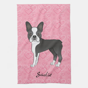 Black Boston Terrier Hund auf rosa Herzen und Name Geschirrtuch