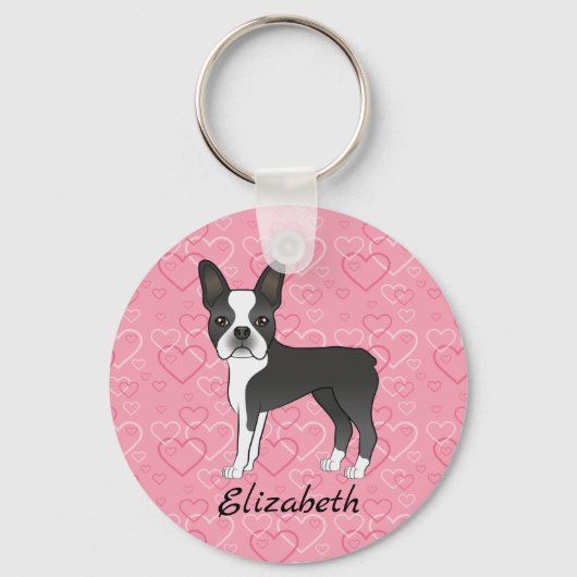 Black Boston Terrier Hund auf rosa Herzen und Name Schlüsselanhänger (Vorderseite)