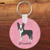 Black Boston Terrier Hund auf rosa Herzen und Name Schlüsselanhänger (Vorderseite)