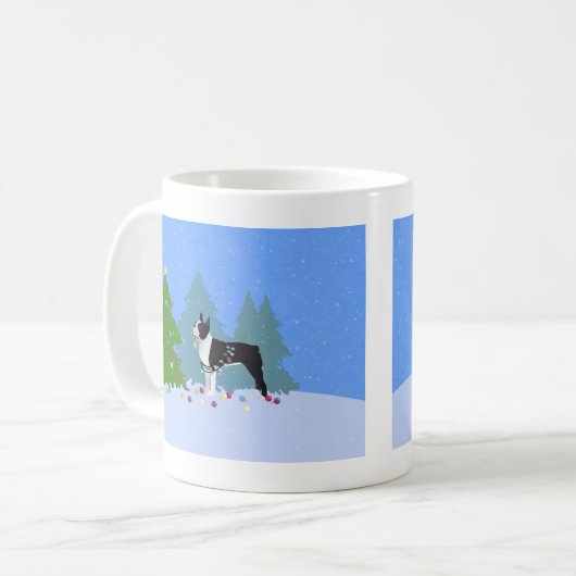 Black Boston Terrier im Weihnachtswald Kaffeetasse (Vorderseite Links)