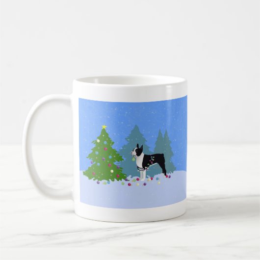 Black Boston Terrier im Weihnachtswald Kaffeetasse (Links)