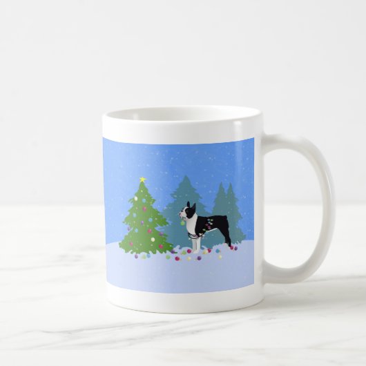 Black Boston Terrier im Weihnachtswald Kaffeetasse (Rechts)