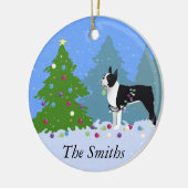 Black Boston Terrier im Weihnachtswald Keramikornament (Links)