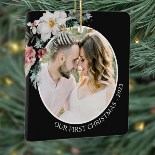 Black Botanical First Christmas Keramikornament