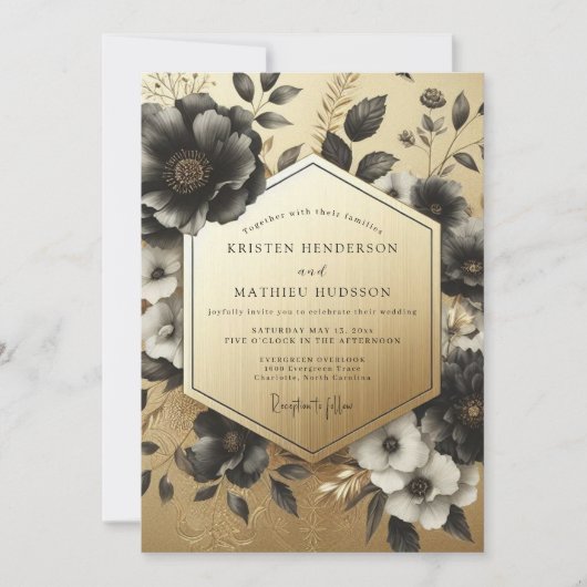 Black Botanical Opulent Wedding Einladung (Vorderseite)