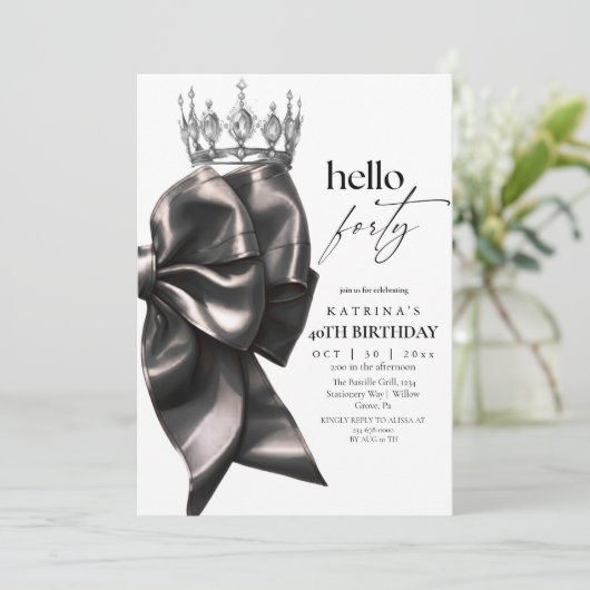 Black Bow 40th Birthday Einladung (Stehend Vorderseite)
