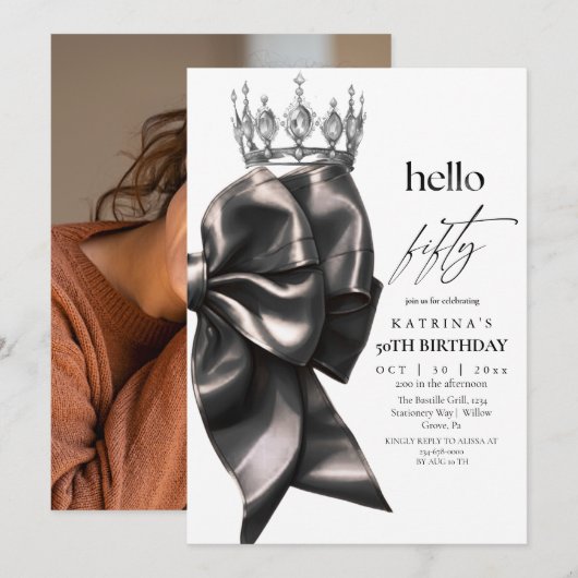 Black Bow 50th Birthday Einladung (Vorne/Hinten)