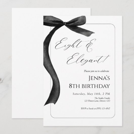 Black Bow 8th Birthday Invitation  Einladung (Vorne/Hinten)