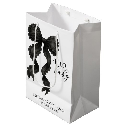 Black Bow Baby Dusche Modern Mittlere Geschenktüte (Vorderseite Schrägansicht)