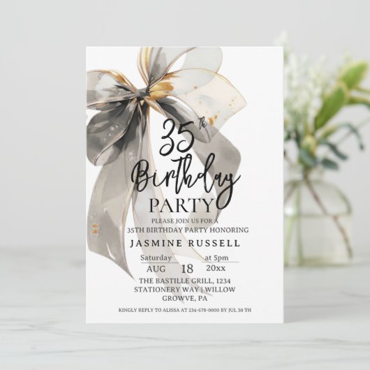 Black Bow Birthday Party Woman Einladung (Stehend Vorderseite)