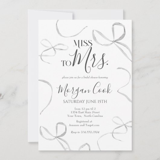 Black bow Bridal Shower Invitation, miss to mrs  Einladung (Vorderseite)