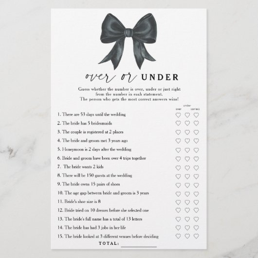 Black bow bridal shower Over or under game (Vorderseite)