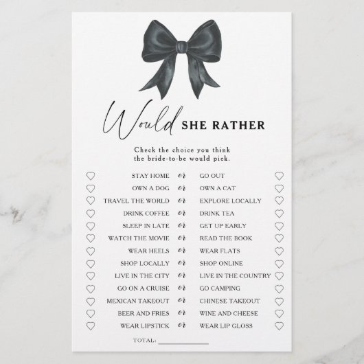 Black Bow bridal shower Would she rather game (Vorderseite)
