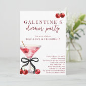 Black Bow Cherry Martini Galentines Dinner Party Einladung (Stehend Vorderseite)