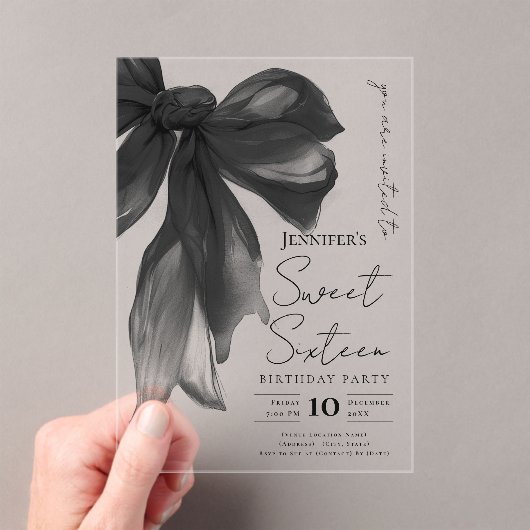 Black Bow Coquette Script Sweet 16 Party Acryleinladungen (Insitu (Handheld))