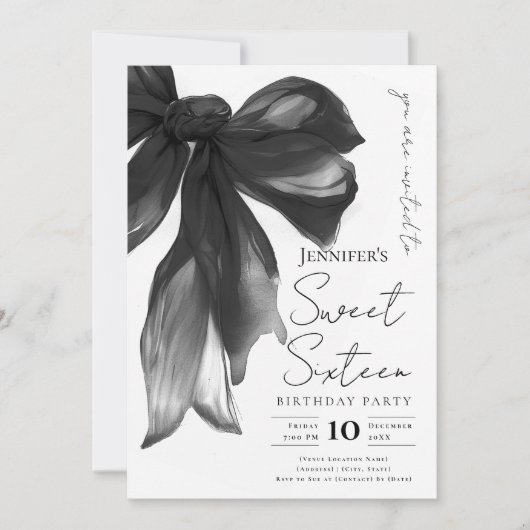 Black Bow Coquette Script Sweet 16 Party Einladung (Vorderseite)