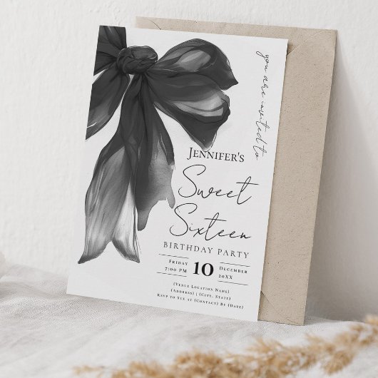 Black Bow Coquette Script Sweet 16 Party Einladung