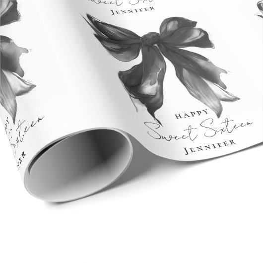 Black Bow Coquette Script Sweet 16 Party Geschenkpapier (Rolleneckpunkt)