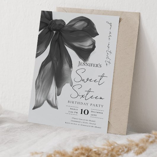 Black Bow Coquette Script Sweet 16 Party Gray  Einladung