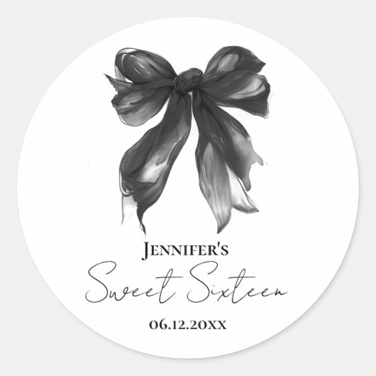 Black Bow Coquette Script Sweet 16 Party Runder Aufkleber (Vorderseite)