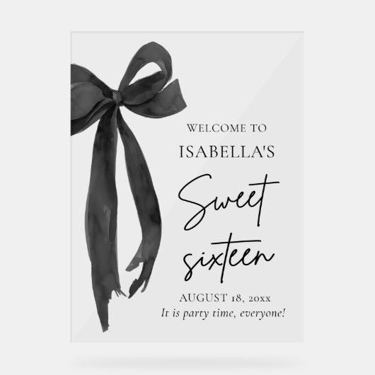 Black Bow Coquette Sweet 16 Geburtstag Willkommen Acrylschild (Vorderseite)