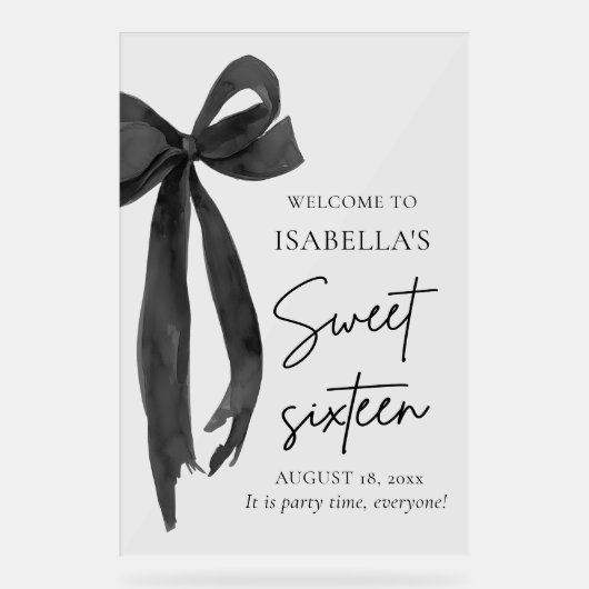 Black Bow Coquette Sweet 16 Geburtstag Willkommen Acrylschild (Vorderseite)