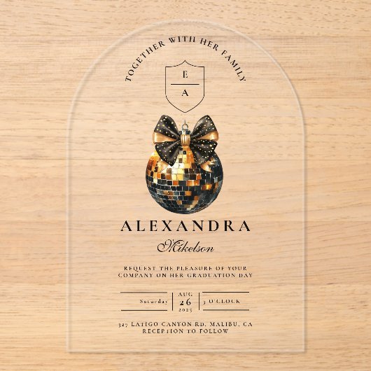 Black Bow Disco Ball Graduation Party Acryleinladungen (Vorderseite)