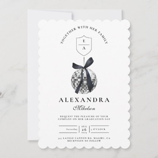 Black Bow Disco Ball Graduation Party Einladung (Vorderseite)