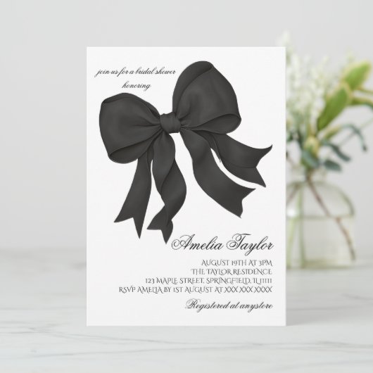 Black Bow Elegant Bridal Dusche Einladung (Stehend Vorderseite)
