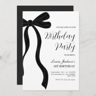 Black Bow First Birthday Party Invitation Einladung