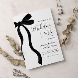 Black Bow First Birthday Party Invitation Einladung