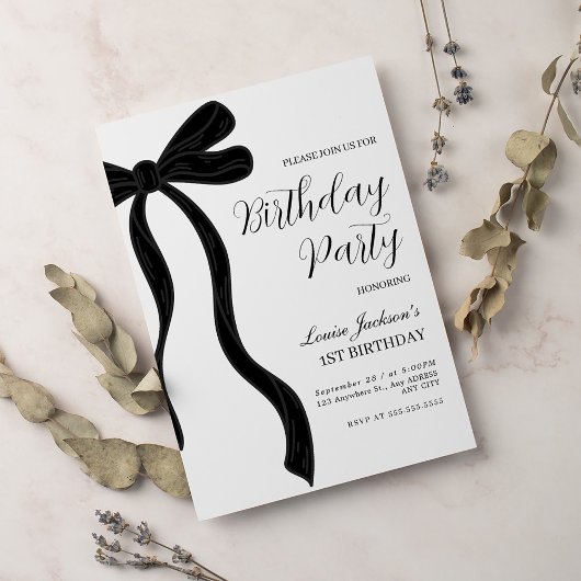 Black Bow First Birthday Party Invitation Einladung