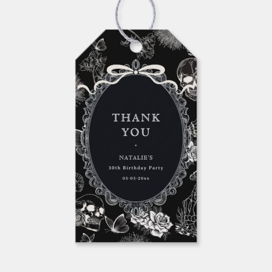 Black Bow Floral Skull RIP 20s 30th Birthday Party Geschenkanhänger (Vorderseite)