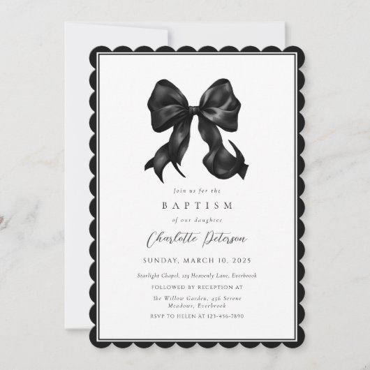 Black Bow Girl Baptism Invitation Einladung (Vorderseite)