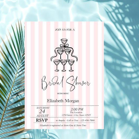 Black Bow Glasses Pink Stripes Brautparty Einladung