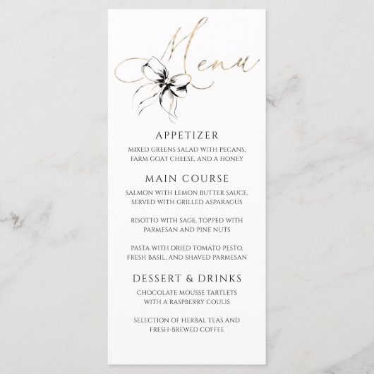 Black Bow Gold Typography Elegant Party Menu Menükarte (Vorderseite)