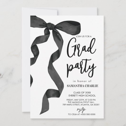 Black Bow Graduation Party Einladung (Vorderseite)