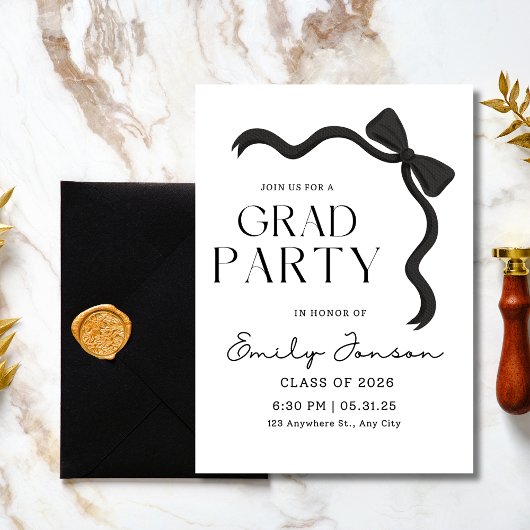 Black Bow Graduation Party Elegant Modern Grad  Einladung