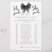 Black Bow He said She said Bridal Shower Game (Vorderseite)