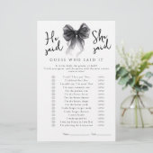Black Bow He said She said Bridal Shower Game (Stehend Vorderseite)