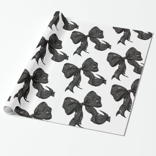 Black Bow mit Gold Glitzer Glamour Geschenkpapier (Ungerollt)