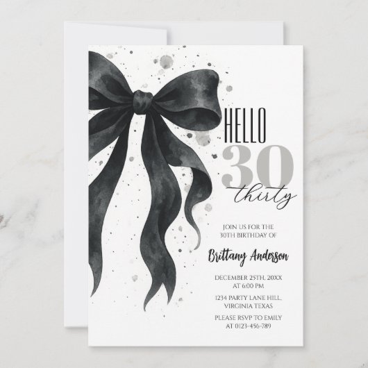 Black Bow Modern 30th Birthday Einladung (Vorderseite)
