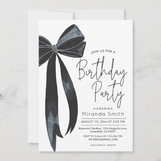 Black Bow Modern Birthday Einladung (Vorderseite)